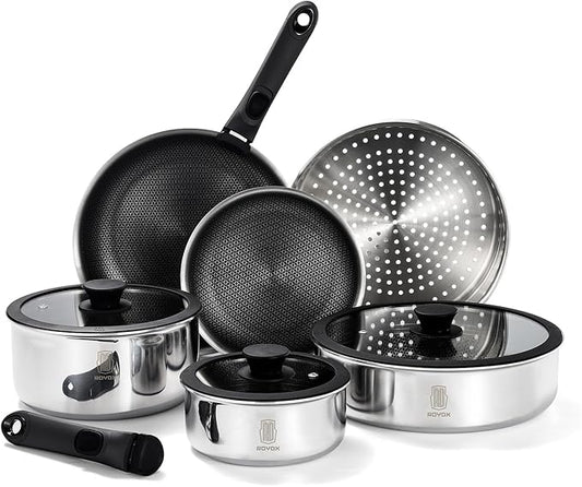ROYDX New Model Hybrid Nonstick Cookware Set 19-Piece Stainless Steel Pots and Pans Set with Removable Handles, Save Space,Dishwasher and Oven Safe, Induction Ready, Compatible with All Cooktops