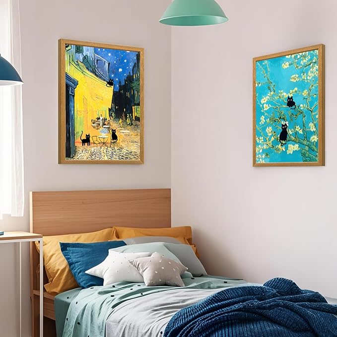 FASWQ Whimsical Black Cat Wall Art, Van Gogh Matisse Picasso Wall Decor, Funny Bathroom Canvas Paintings, Cute Animal Aesthetic Pictures for Living Room Kids' Room Wood Framed Ready to Hang 12"x16"x3