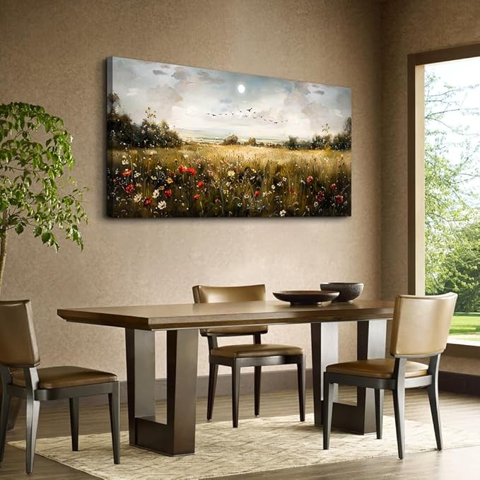 Wapluam Large Canvas Wall Art Living Room Wall Decor for Bedroom Wildflower Field Vintage Wall Art Canvas Prints Paintings Farmhouse Artworks Pictures Modern Aesthetic Home Decoration Ready To Hang