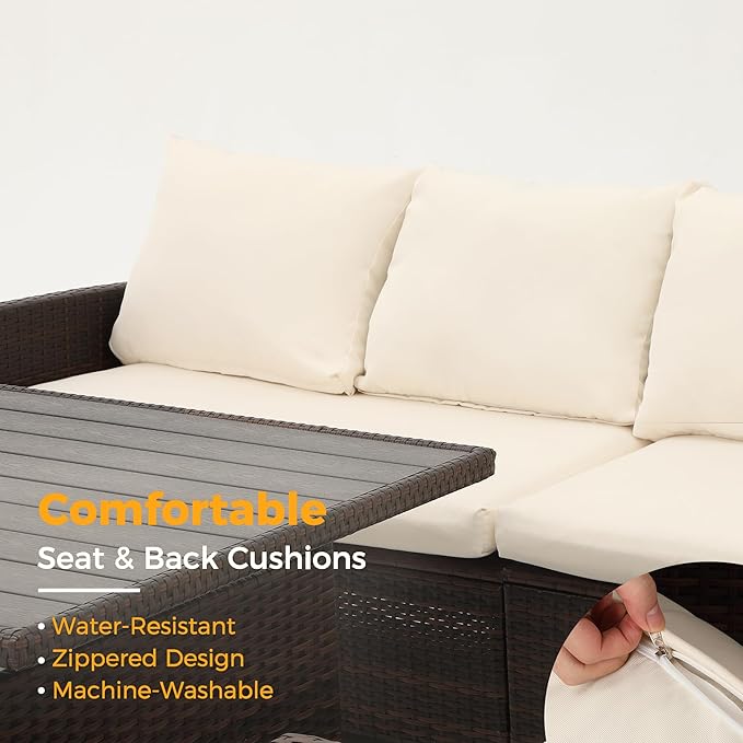 Wisteria Lane Patio Furniture Set, 7 Piece High Curved Back Outdoor Dining Sectional Sofa with Dining Table and Chair, All Weather Wicker Conversation Set with Ottoman, Ivory