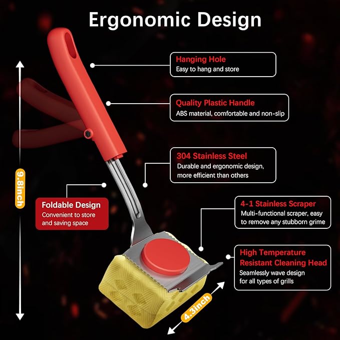 Grill Brush Bristle Free, BBQ Grill Brush for Outdoor Grill, Safe Steam Grill Cleaning Brush with Scraper, Replacement Sponge Heads, Non Metal Bristles for Cast Iron, Stainless-Steel Grates