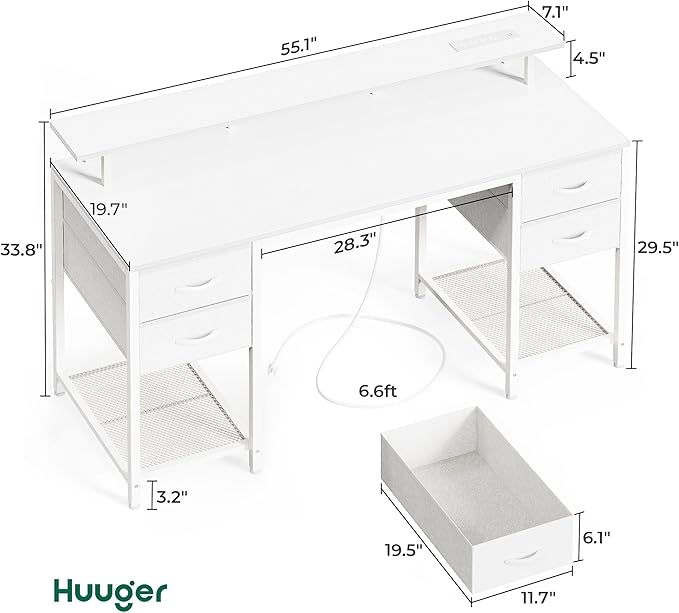 Huuger 55 inch Computer Desk with 4 Drawers, Gaming Desk with LED Lights & Power Outlets, Home Office Desk with Large Storage Space for Bedroom, Work from Home, White