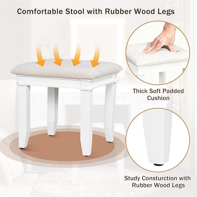 Merax 48" Vanity Desk with Mirror and Lights, Makeup Vanity with 7 Drawers and Cushioned Stool, Classic Finish Dressing Table with Hollow Design Drawer for Bedroom, Rubber Wood Legs, Light-Beige