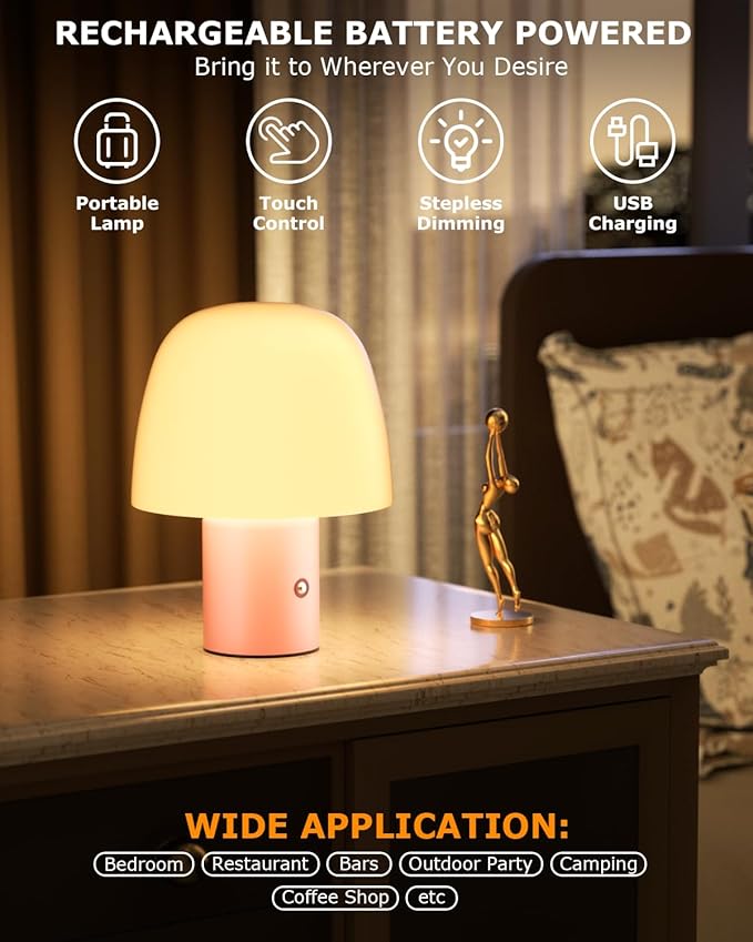 Portable LED Table Lamp, Cordless Desk Lamp Rechargeable, 3-Color Touch Stepless Dimming Night Light for Bedroom/Children's Room/Terrace/Dining Room/Cafe (Pink)