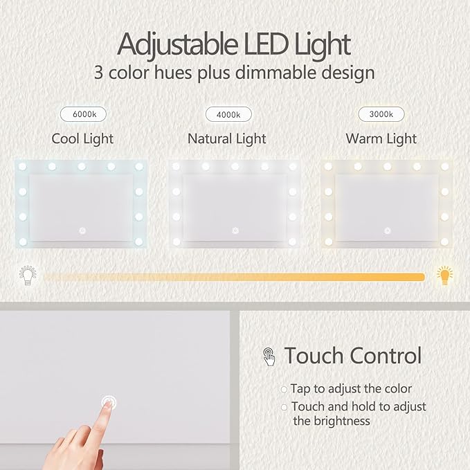 Makeup Vanity with Stool, Large Drawer and Power Socket with 11 Light Bulbs and 3 Adjustable Lighting Modes, Vanity Table for Bedroom (White)