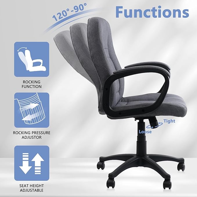 CLATINA Grey Fabric Office Chair Breathable Executive Desk Chairs, Cloth Comfortable Ergonomic Adjustable Height Mid Back Swivel Rolling Computer Task Chair for Home Office, Conference, Study, Work