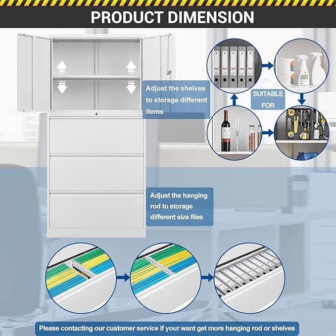 3 Drawers Metal Lateral File Cabinet with Lockable Drawer and Dorrs - White Large Steel Filing Cabinet for Home Office Hanging Files Letter/Legal/F4/A4 Size