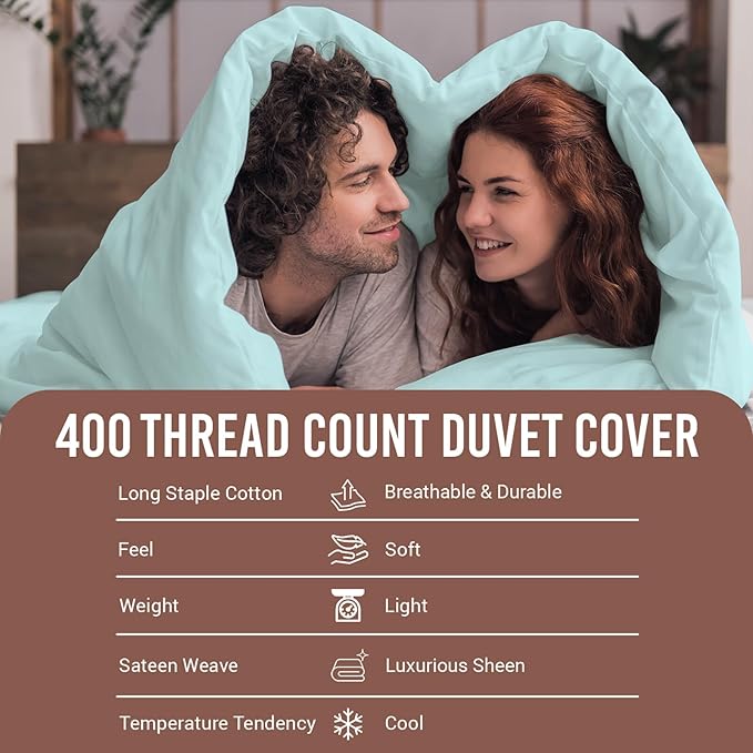 Pizuna Pure 100% Cotton Queen Duvet Cover Set, Luxurious 400 Thread Count Long Staple Cotton Sateen Weave with Button Closure (Combed Ice Aqua Cotton Duvet Cover Queen)