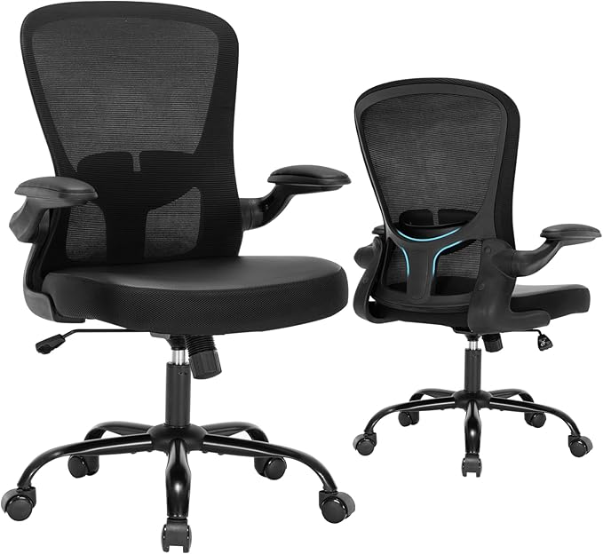 Office Chair, Ergonomic Desk Chair with Flip-up Armrests, PU Leather Computer Chair Home Office Desk Chairs with Lumbar Support, Mesh Swivel Executive Chair Rolling Task Chair, Black