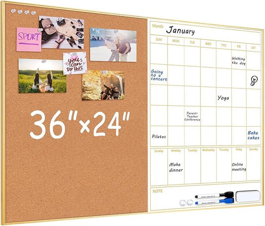 ARCOBIS Dry Erase Calendar with Cork Board, 36"x24" Magnetic White Board Calendar Dry Erase for Wall, Gold Frame Combination Board for Office, Home, School