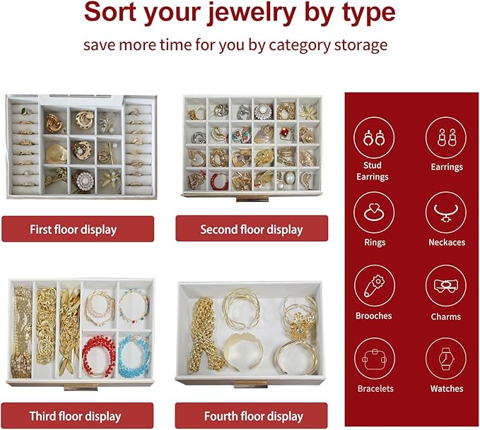 BOOVO Jewelry Boxes for Women, White and Black 4 Layer Large Jewelry Box for Necklace, Bracelet, Earrings, Rings Storage, Jewelry holder Organizer for Girls Gift (Gold, 4 layer)