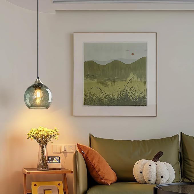 Gray Green Glass Pendant Lights Kitchen Island Lighting Globe Pendant Light Fixtures Modern Pendant Lighting for Kitchen Island Bedroom Living Dining Room Light Fixture(5.9in, 1-Pack)