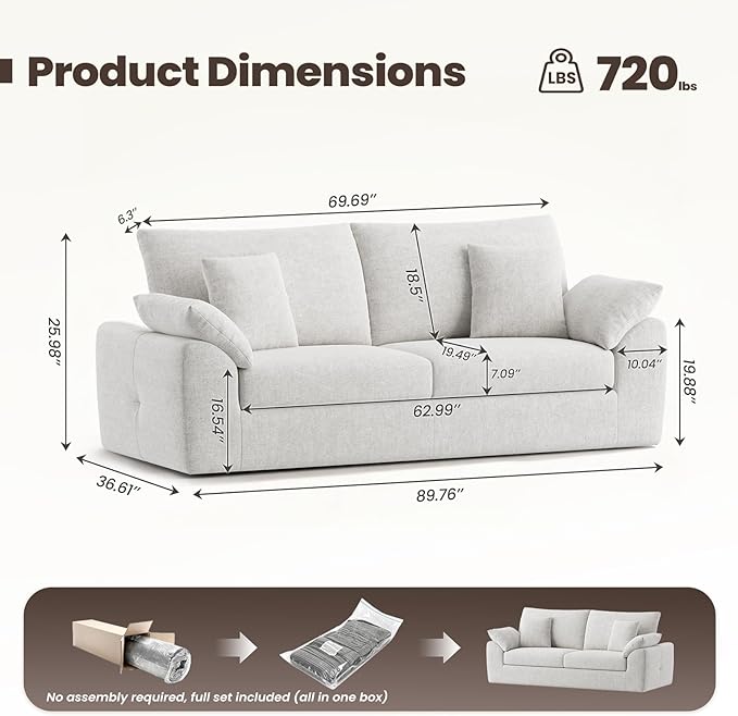 90" Boneless Loveseat Sofa, Cloud Foam Couch, 3 Seater Upholstered Midcentury Mondern Love Seat, Wide Armrest and 4 Pillows for Home Living Room/Small Spaces, No Assembly Required, Beige