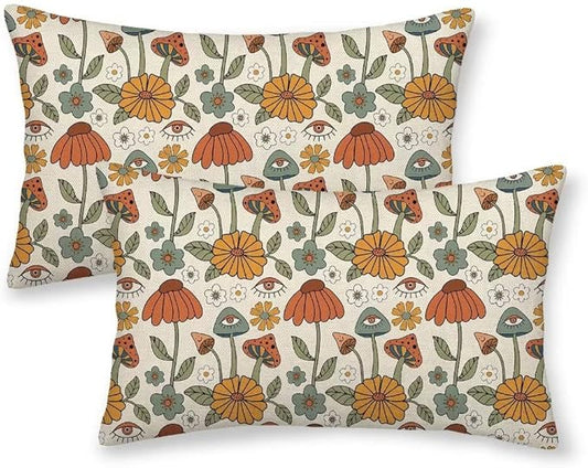 BETGINY Boho Throw Pillow Covers 12x20 Set of 2, Yellow Orange Fun Cute Mushrooms Retro Decorative Outdoor Pillow Covers 70s Vintage Floral Linen Farmhouse for Couch Sofa Summer Home Decor