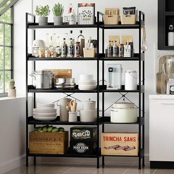 KOUSEI 5-Tier L-Shaped Reversible Corner Bookshelf, 65" Black Industrial Wood & Metal Bookcase, Wide Open Shelves + 4 Hooks for Living Room/Bedroom/Home Office