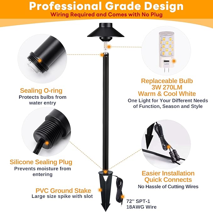 Low Voltage Landscape Path Light Solid Brass, 3 Color Temp Selectable LED Driveway Light Waterproof, Hat Shaped 12V Wired Black for Walkway Garden with 3W 270LM G4 Bulb (12 Pack)