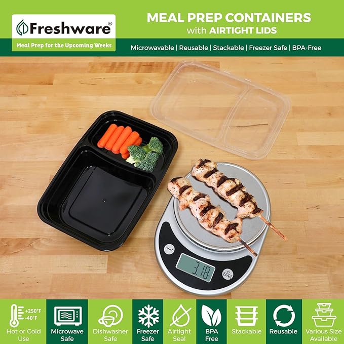 Freshware Meal Prep Containers [15 Pack] 2 Compartment with Lids, Food Storage Containers, Bento Box, BPA Free, Stackable, Microwave/Dishwasher/Freezer Safe (28 oz)