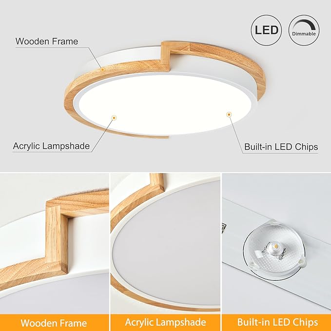 Dimmable Wood LED Flush Mount Ceiling Lights, 5CCT 2700K-6000K White Hallway Lighting Fixtures, Minimalist Round Ceiling Lamp for Bedroom Laundry Room Kitchen Entryway Bathroom 11.8in