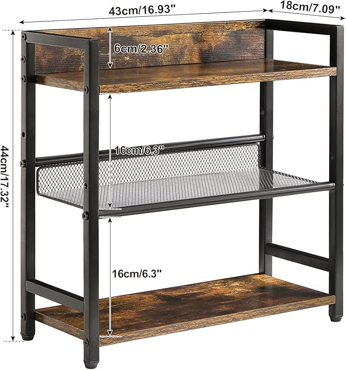 IBUYKE 3-Tier Spice Rack Industrial Counter Shelf Desktop Storage Organizer Standing Seasoning Rack for Countertop Kitchen Office Living Room Desktop Rustic Brown UTLJ021H