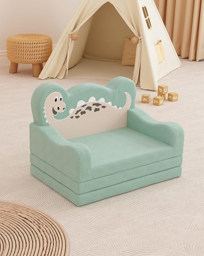 2-in-1 Kids Couch Fold Out, Convertible Toddler Couch to Lounger, Toddler Chair Comfy, Kids Sofa for Girls and Boys, Gift for Birthday, Children's Day, Dinosaur Green