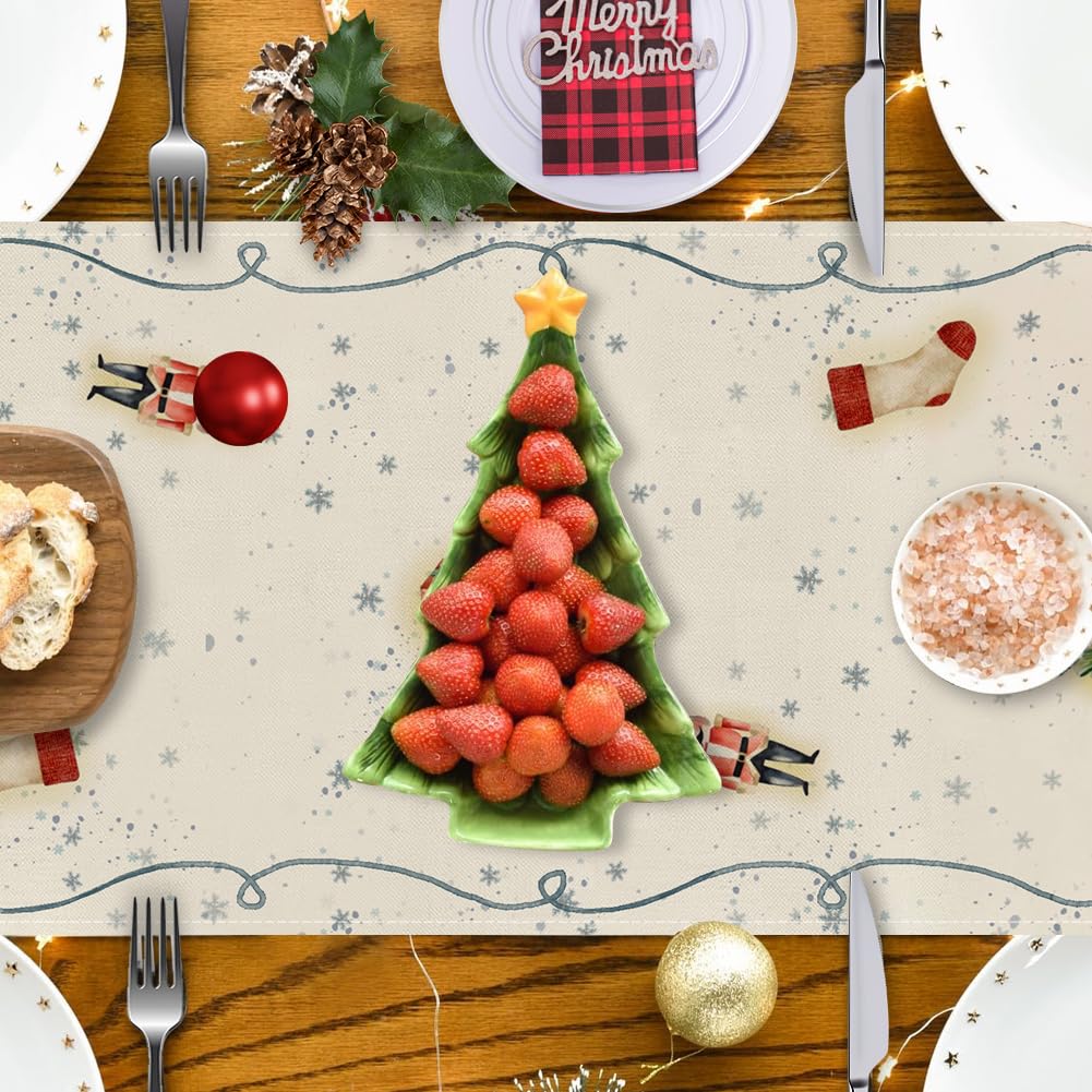 RABUSOFA Merry Christmas Table Runner 13 x 72 Inch, Santa Claus Sleigh Reindeer Seasonal Winter Xmas Holiday Kitchen Dining Table Decoration for Indoor Outdoor Home Party Decor Blue