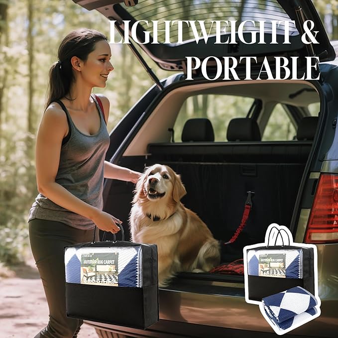 OMERAI Reversible Waterproof Outdoor Rug for Backyard,Plastic Textured Resistant Outdoors Rugs,Portable Washable Easy Cleaning Foldable Camping Beach Carpet for Patio Courtyard, 8'x10' Blue & White