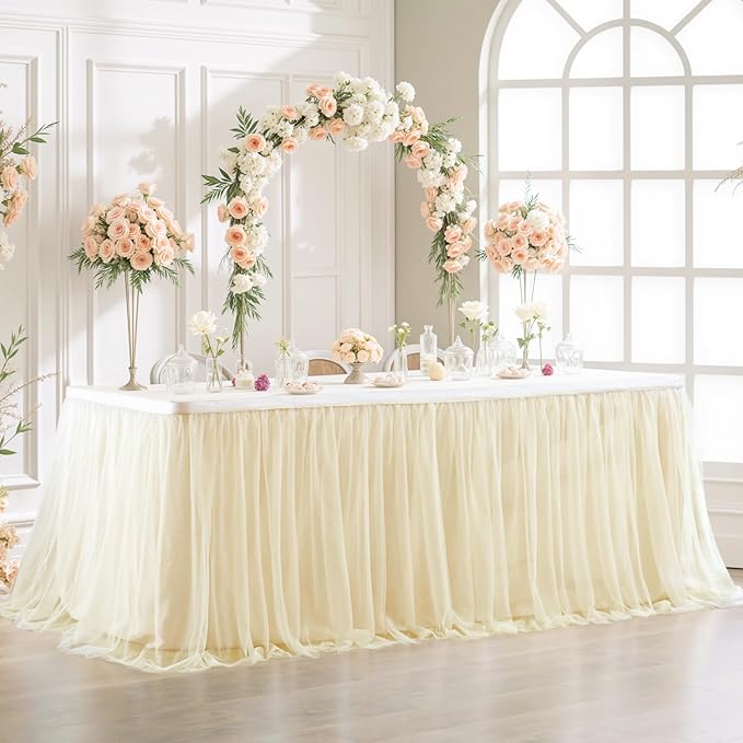 Suppromo 14ft Champagne Table Skirts for Rectangle Tables or Round Tables Champagne Tulle Tutu Table Cloths Cover for Birthday Party Wedding Baby Shower Dessert Cake Table Decorations