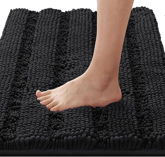 H.VERSAILTEX Bathroom Rugs Bath Rugs Non Slip Bath Mats Extra Thick Chenille Striped Rug 17" x 24" Absorbent Soft Shaggy Washable Dry Fast Bath Mats for Bathroom Floor - Black