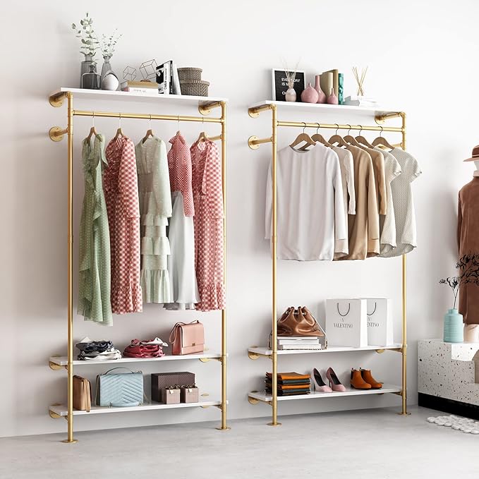 Gold Wall Clothing Racks with White Shelves, Wall Mounted Gold Clothes Rack for Hanging Rods，Heavy Duty Industrial Pipe Clothing Racks With Shelves Retail Display Garment Rack for Home