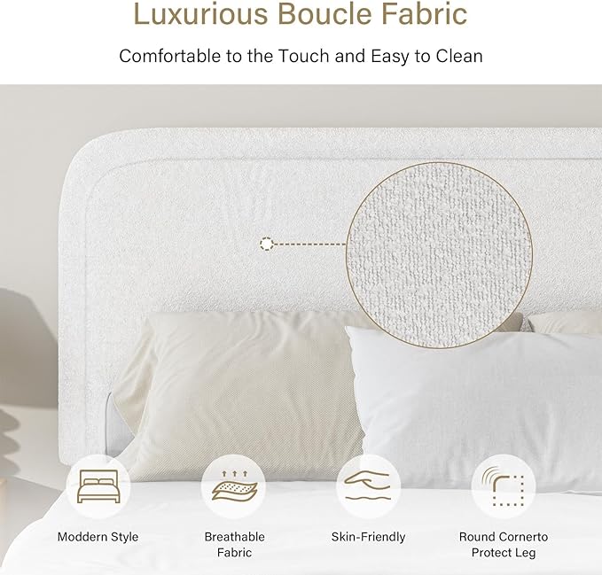 BarnFurin Full Size Bed Frame,Cloud Boucle Upholstered Platform Bed Frame with Headboard, Modern Style, Soft Rounded Corners, No Box Spring Required, Easy Assembly, White