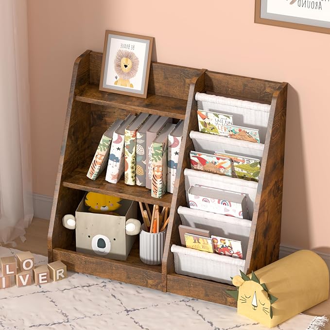 Kids Bookshelf for Bedroom Toddler Children Baby Bookcase 3-Tier for Nursery Book Toy Storage Organizer 4 Sling Adjustable Display Shelf Book Rack Wood Classroom Playroom Rustic Brown