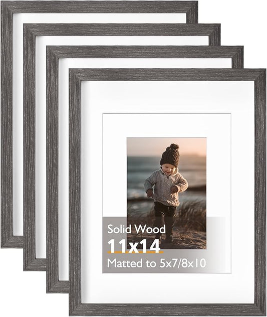 KINLINK 11x14 Picture Frame Ash Black, Solid Wood Frames with Acrylic Plexiglass for Pictures 5x7/8x10 with Mat or 11x14 without Mat, Tabletop and Wall Display, Set of 4