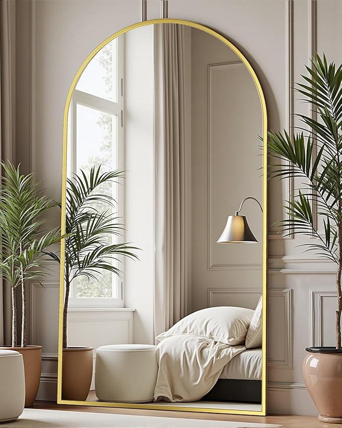 Full Length Mirror with Stand, 76"x44" Arched Full Body Mirror, Large Stand Up Mirrors, Aluminum Frame Floor Standing Mirrors, Freestanding Hanging Leaning Mounted for Bedroom Living Room, Gold