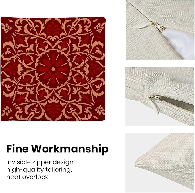 Boho Pillow Covers 18x18 Set of 2, Christmas Burgundy Red Bohemian Floral Decorative Throw Pillows Linen Blue Print Farmhouse Cushion Pillow Covers for Sofa Couch Outdoor