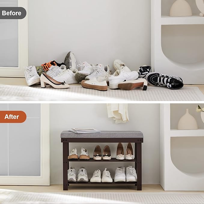 Apicizon 3-Tier Shoe Rack for Entryway, Bamboo Shoe Bench with Cushion Padded Seat, Small Shoe Organizer with Storage for Indoor Entrance Hallway Bedroom Living Room, Brown