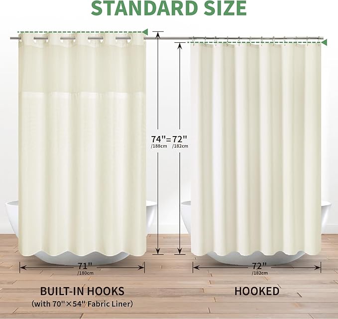 Cream No Hook Shower Curtain with Snap-in Fabric Liner Set,Waffle Weave Shower Curtains for Bathroom,Hotel Luxury Decor Bathroom Curtain Set,Waterproof & Washable,71Wx74H