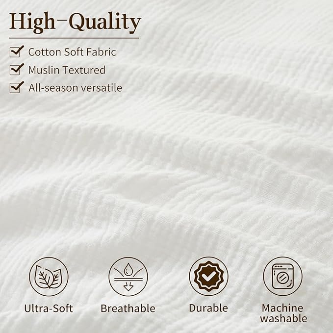 MEISHANG Muslin Duvet Cover Queen Size - 100% Organic Cotton, Soft Textured Gauze Weave Comforter Cover for Breathable All-Season with Zipper Closure - 3 Piece Set (Queen, White)