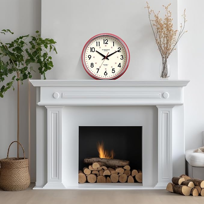 Wall Clock Metal 12.4" Countryside Style Wall Clocks Retro Vintage Classical Silent Non Ticking Easy to Read for Living Room/Kitchen/Bedroom/Office/Bar(12.4" Red)