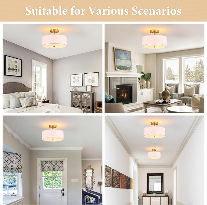 3-Light Gold Semi Flush Mount Ceiling Light,12" Drum Light with White Fabric Shade,Modern Close to Ceiling Light for Bedroom, Living Room, Kitchen, Dining Room, Hallway and Entryway