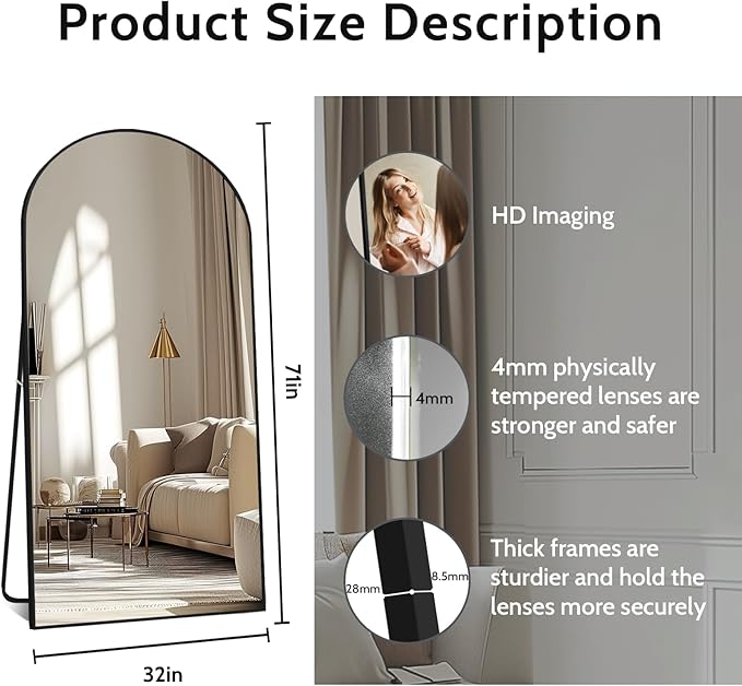 Beauty4U 71" x 32" Arch Full-Length Mirror, Black Metal Frame, Free Standing & Hanging Mounted for Living Room & Bedroom