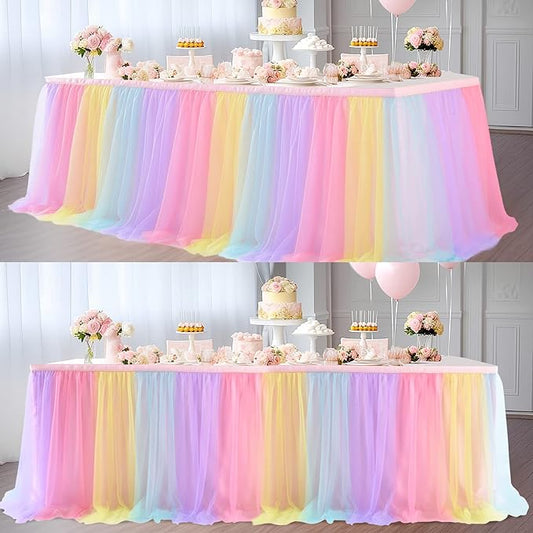 Suppromo 2 Pack 6ft Rainbow Table Skirt for Birthday Party Tulle Tutu Table Skirt for Baby Shower Girl Boy Gender Reveal Rainbow Tablecloth for Unicorn Party Decorations