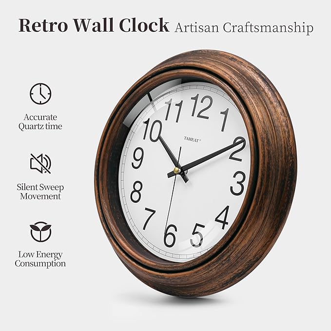 TAHEAT Vintage Gold Copper Wall Clock, Silent Non Ticking Battery Operated Round Wall Clock Decorative for Kitchen Living Room Bedroom Office, 10 Inch