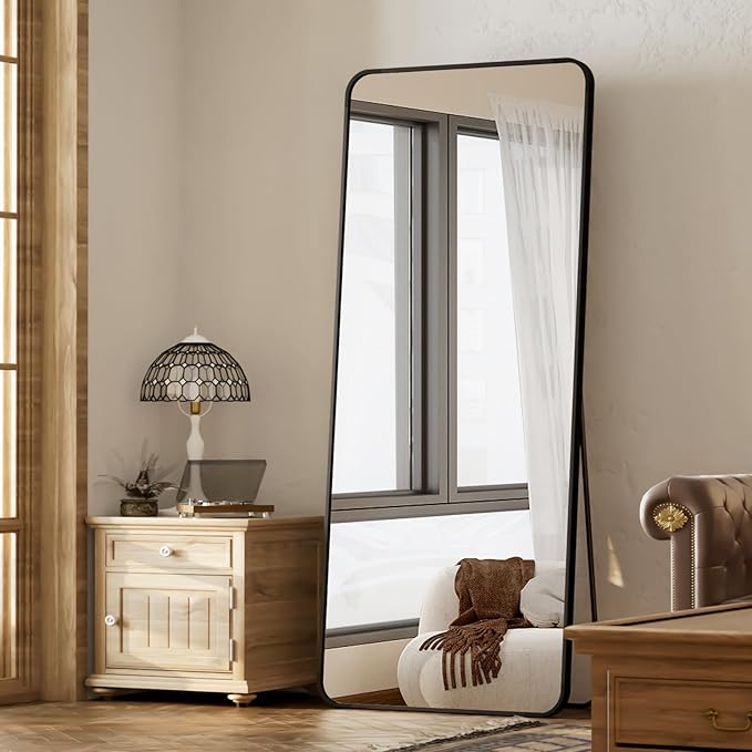 BEAUTYPEAK Black Full Length Mirror, 65"x24" Rounded Corner Floor Mirror Standing Hanging or Leaning Against Wall, Suitable for Bedroom or Dressing Room