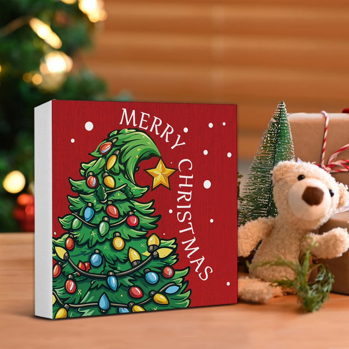 Christmas Decorations - Merry Christmas Decor, Funny Xmas Tree Wooden Sign, Home Decor for Desk Table Shelf 5 X 5 Inches
