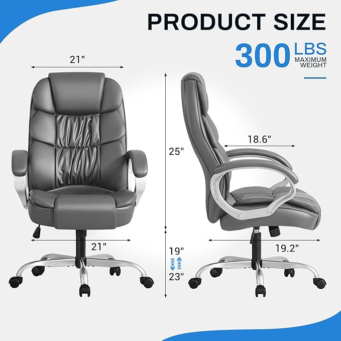 Furmax Leather High Back Office Chair Ergonomic Executive Office Chair Swivel Computer Desk Chair Lumbar Support Soft Cushioned Padded Arms (Grey)