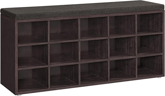 VASAGLE CUSTOS Collection - Shoe Bench, Storage Bench with Padded Seat, Entryway Bench with 15 Compartments, for Bedroom, 11.8 x 41.3 x 18.9 Inches, Espresso Brown and Chestnut Brown ULHS15BR