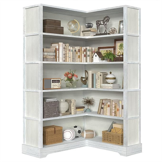 TVU Wood Corner Book Shelf, 5 Tier 65 Inch Tall Bookshelf with Storage, Floor Standing Display Book Shelf for Living Room, Kitchen, Home Office, Antique White