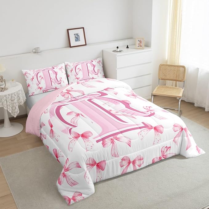 jejeloiu Kids Girls Cute Pink Bow Comforter Set Full Size Monogrammed Bedding Set Ultra Soft Personalized Initial I Duvet Quilt Coquette Bow Knot Quilt Set Room Decor Modern Fashion Comforter