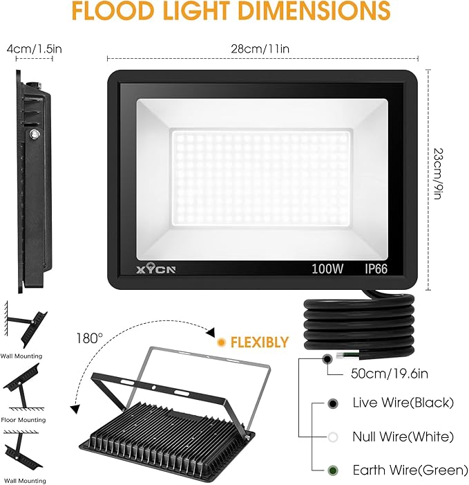 3 Pack 100W LED Flood Light, IP66 Waterproof Outside Flood Light, 11500LM Super Bright Outdoor Security Lights, 5000K Daylight White Floodlight for Yard Garden Playground Basketball Court Patio