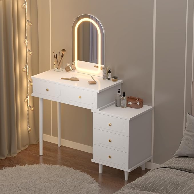 Garvee Makeup Vanity Desk with Mirror and Lights, Modern White Vanity Table with 2 Drawers & Adjustable 3-Drawer Cabinet, Wood Dressing Table for Bedroom